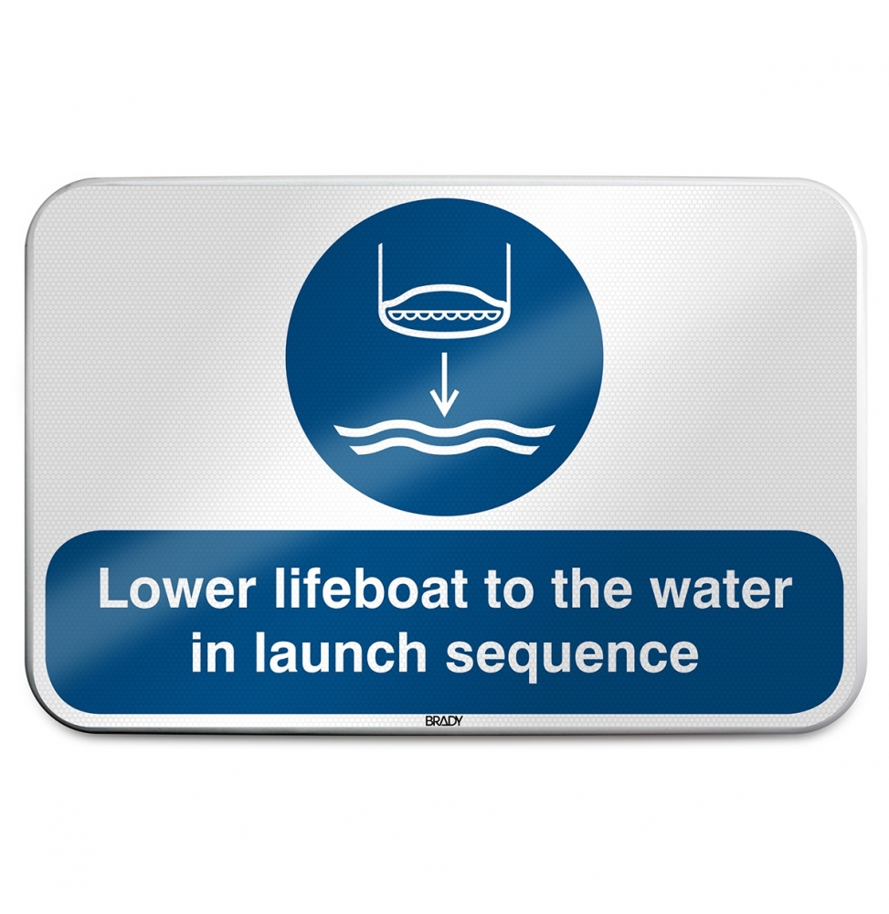Znak bezpieczeństwa ISO – Opuścić na wodę łódź ratunkową zgodnie z procedurą …, M/M039/EN457/RLFBD-600X400-1
