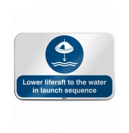Znak bezpieczeństwa ISO –  Opuścić na wodę tratwę ratunkową zgodnie z procedu…, M/M040/EN458/RLFBD-600X400-1