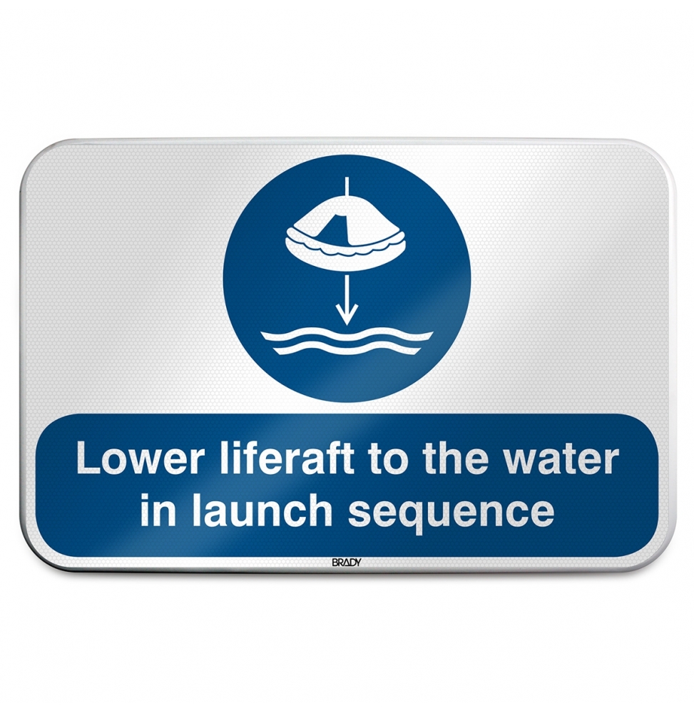 Znak bezpieczeństwa ISO –  Opuścić na wodę tratwę ratunkową zgodnie z procedu…, M/M040/EN458/RLFBD-600X400-1
