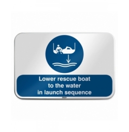 Znak bezpieczeństwa ISO – Opuścić na wodę łódź ratowniczą zgodnie z procedurą…, M/M041/EN459/RLFBD-600X400-1