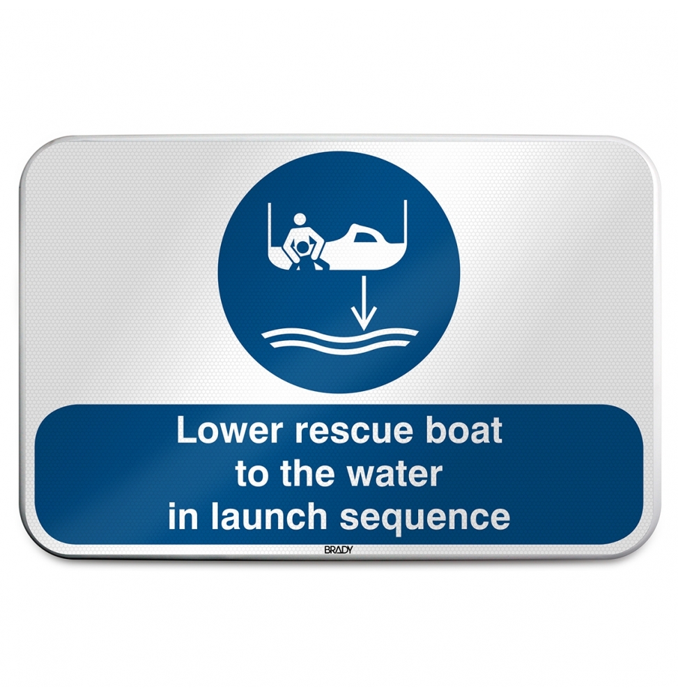 Znak bezpieczeństwa ISO – Opuścić na wodę łódź ratowniczą zgodnie z procedurą…, M/M041/EN459/RLFBD-600X400-1