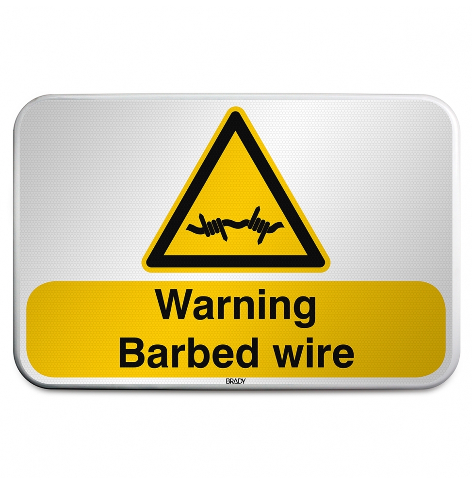 Znak bezpieczeństwa ISO – Ostrzeżenie przed drutem kolczastym, W/W033/EN532/RFLBD-600X400-1