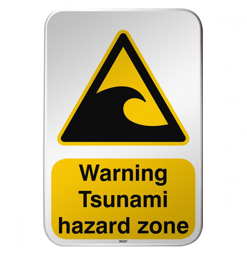 Znak bezpieczeństwa ISO – Ostrzeżenie przed strefą zagrożoną tsunami, W/W056/EN499/RFLBD-400X600-1
