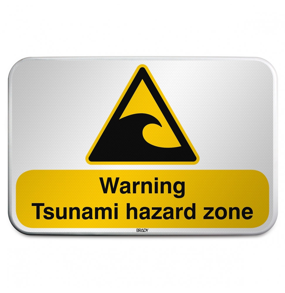 Znak bezpieczeństwa ISO – Ostrzeżenie przed strefą zagrożoną tsunami, W/W056/EN499/RFLBD-600X400-1