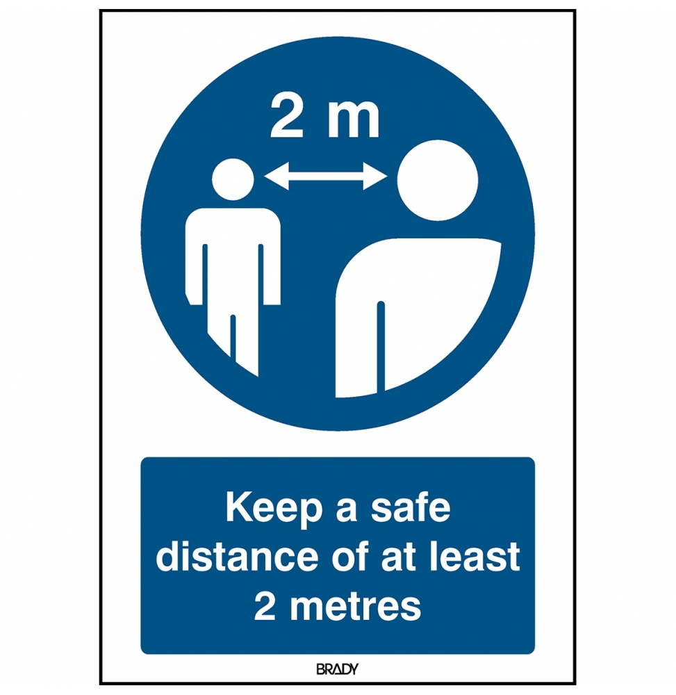 Znak bezpieczeństwa – Utrzymuj bezpieczną odległość co najmniej 2 metrów, M/PIC916/EN544/ALU-297X420-1