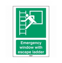 Znak bezpieczeństwa ISO – Okno ewakuacyjne z drabiną ewakuacyjną, STEN E016-210X297-PE-CRD/1
