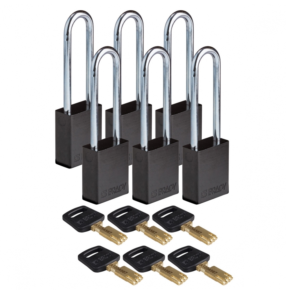 Kłódki SafeKey – aluminiowe (6szt.), ALU-BLK-76ST-KD6PK, czarne