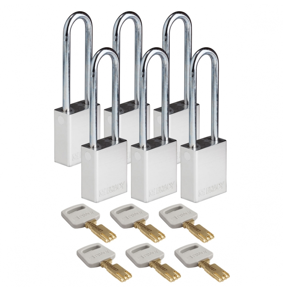 Kłódki SafeKey – aluminiowe (6szt.), ALU-SLV-76ST-KD6PK, srebrne