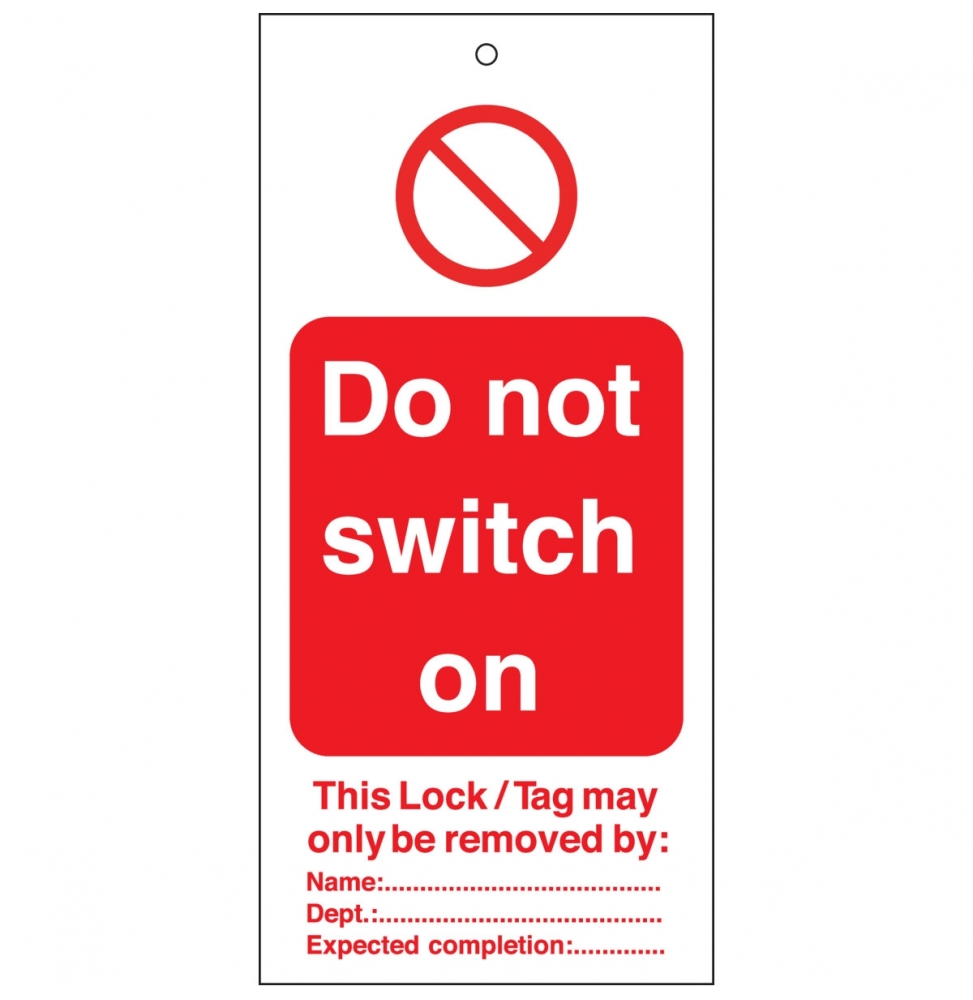 Tagout: Zawieszki ostrzegawcze (10szt.), LOCKOUT TAG DO NOT SWITCH ON-50X110M