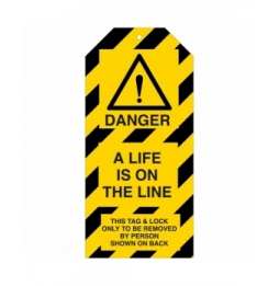 Tagout: Zawieszki ostrzegawcze (10szt.), TAG-E-A LIFE IS ON THE LINE-50X110M