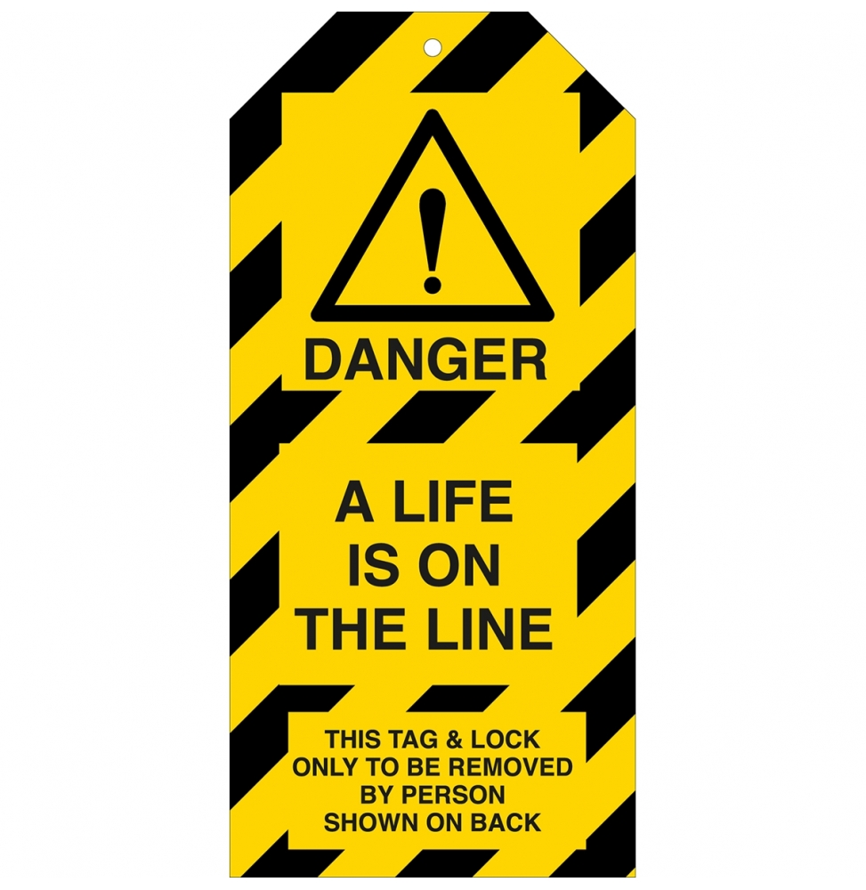 Tagout: Zawieszki ostrzegawcze (10szt.), TAG-E-A LIFE IS ON THE LINE-50X110M